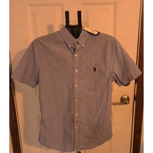 NWT U.S. Polo Assn Mens Small Blue White Plaid Button‎ Up Short Sleeve Shirt